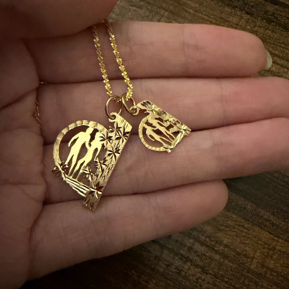 14kt solid yellow gold Adam and Eve diamond cut satin textured pendant rare OOAK